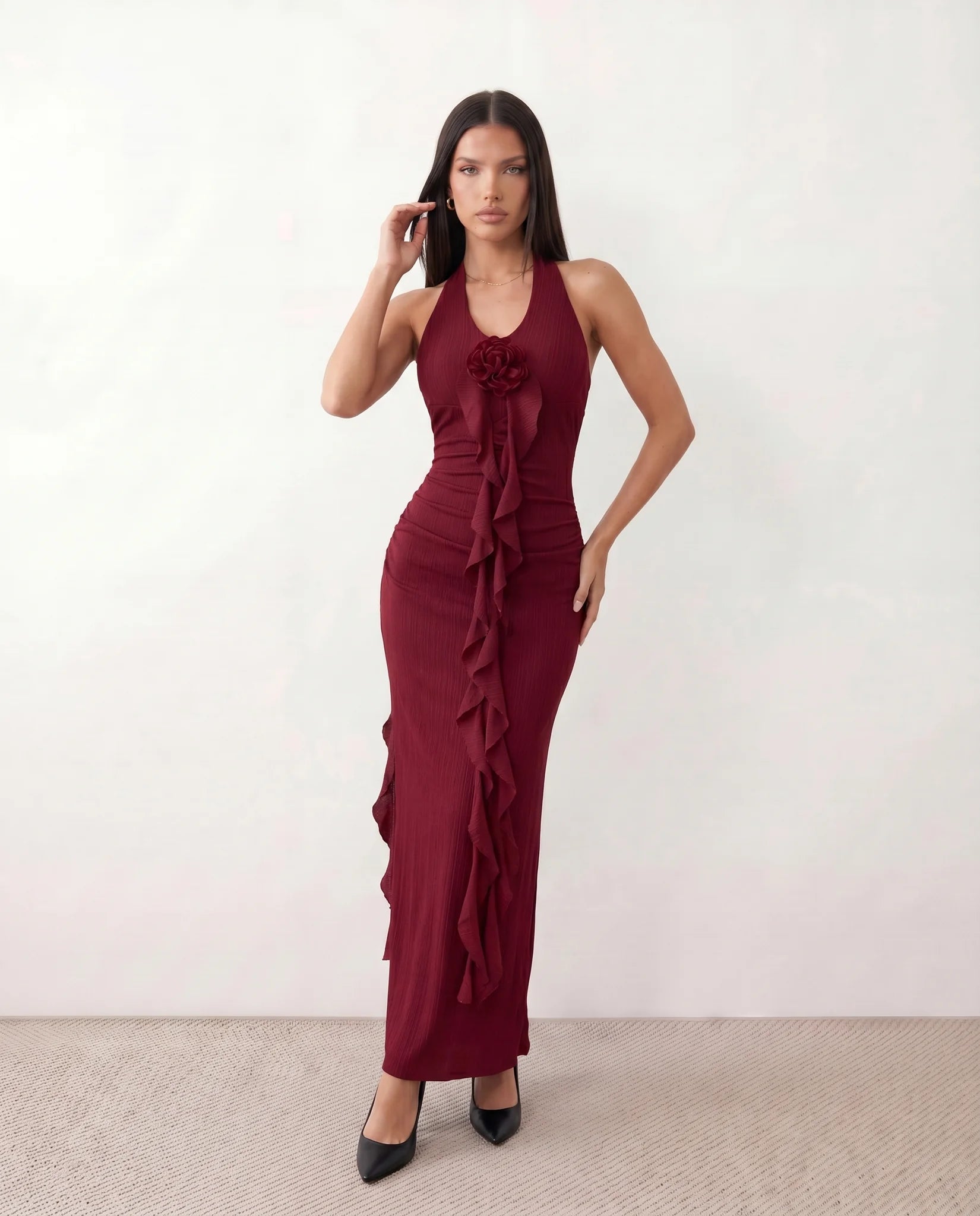Isla Cocktail Ribbed Maxi Dress in Red — front view