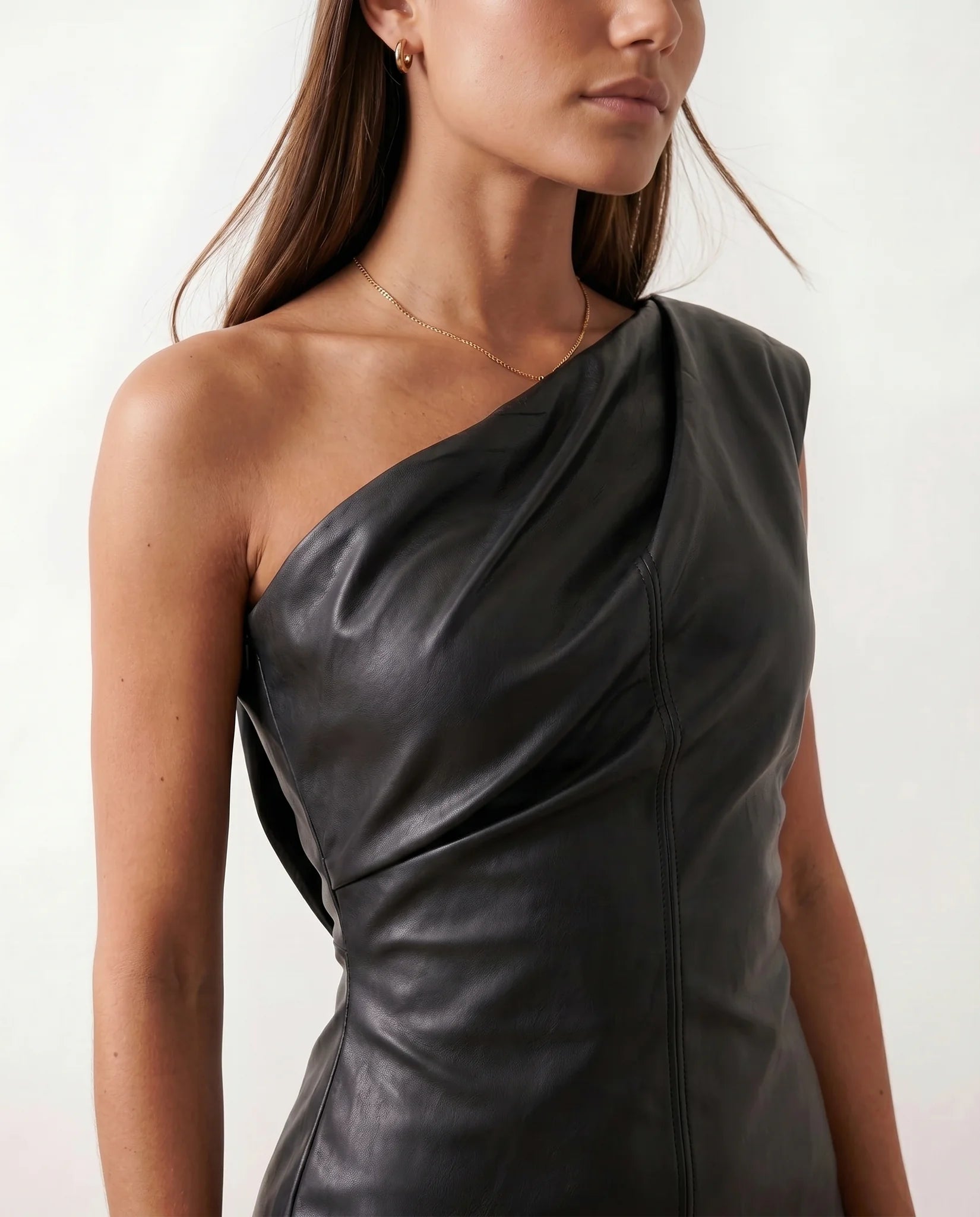 Celia Cocktail Faux Leather Midi Dress in Black — detail close-up