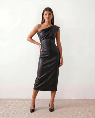 Celia Cocktail Faux Leather Midi Dress in Black — front view
