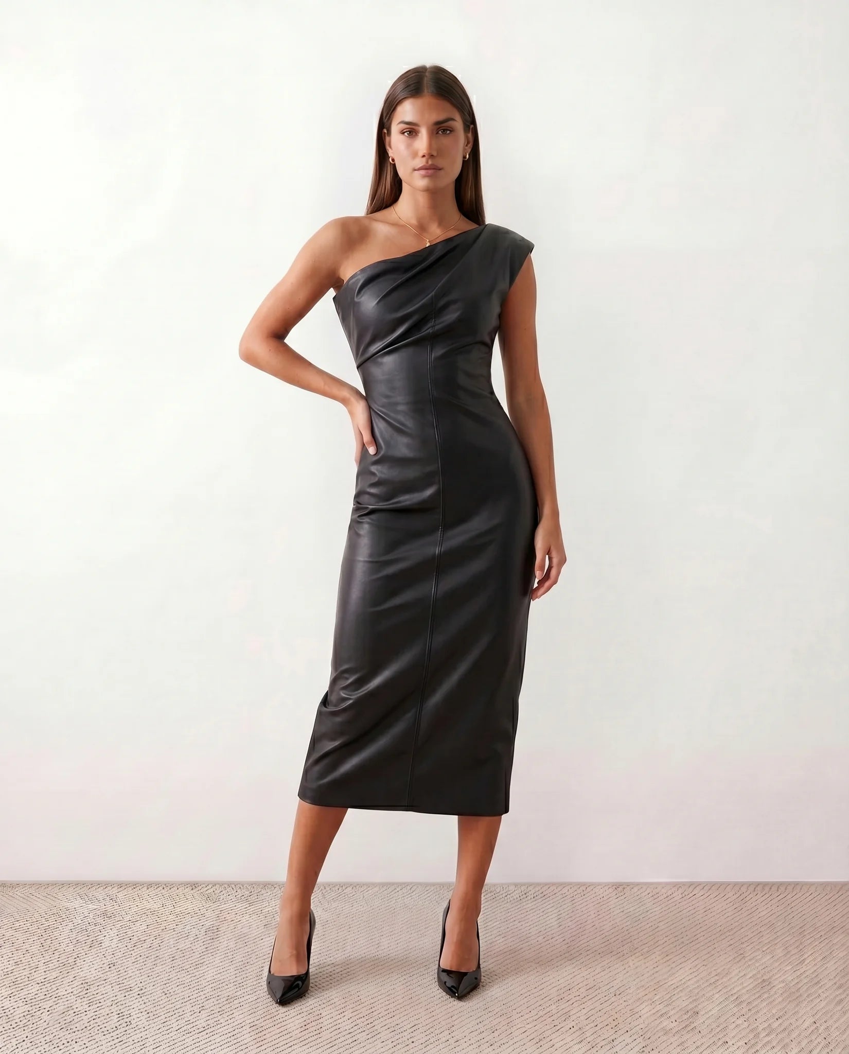 Celia Cocktail Faux Leather Midi Dress in Black — front view
