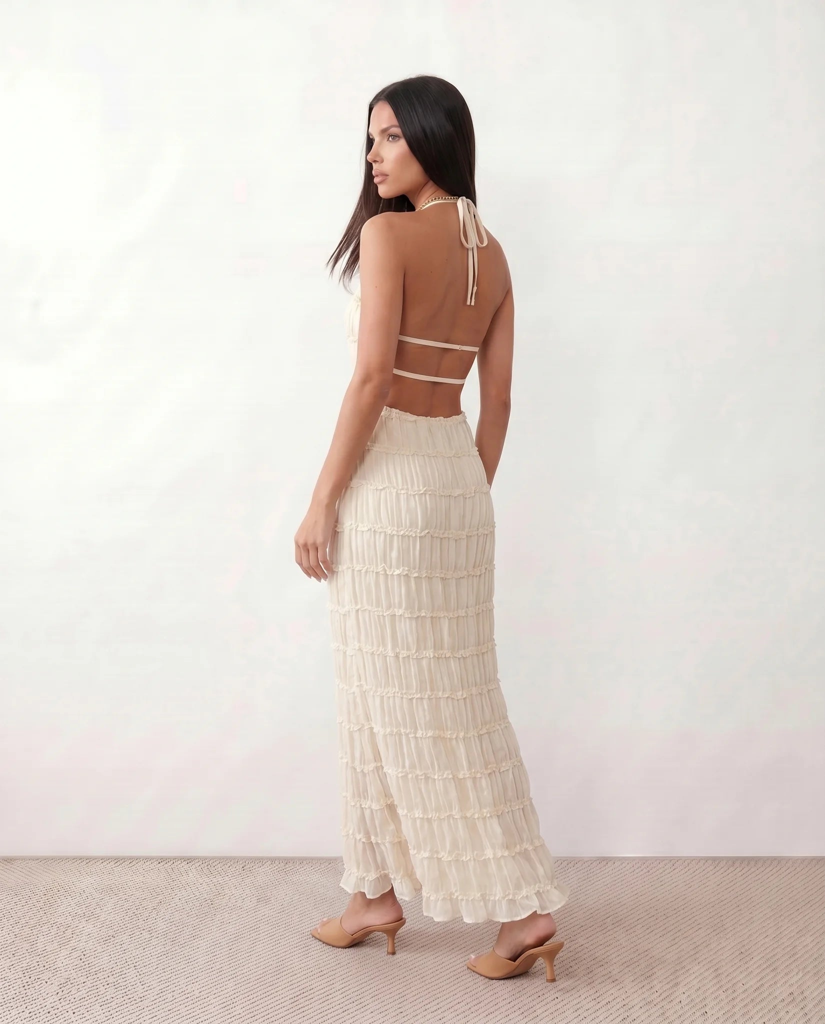 Yara Cocktail Pleated Maxi Dress in Beige — back view