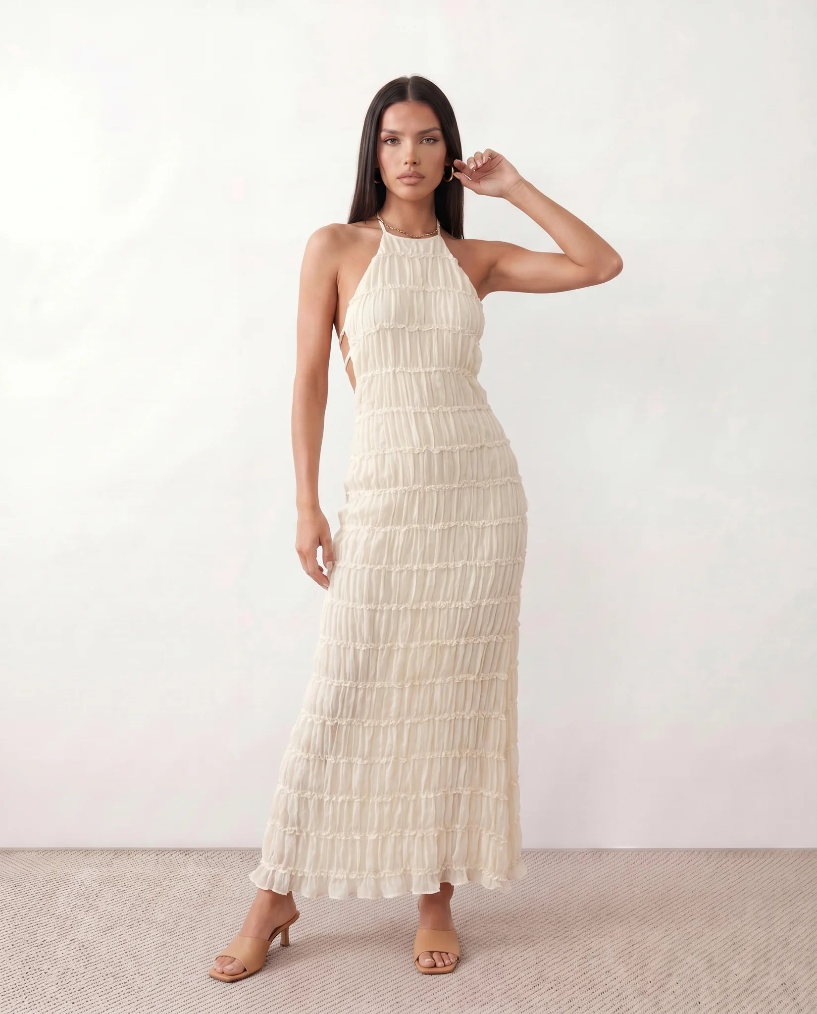 Yara Cocktail Pleated Maxi Dress in Beige — front view