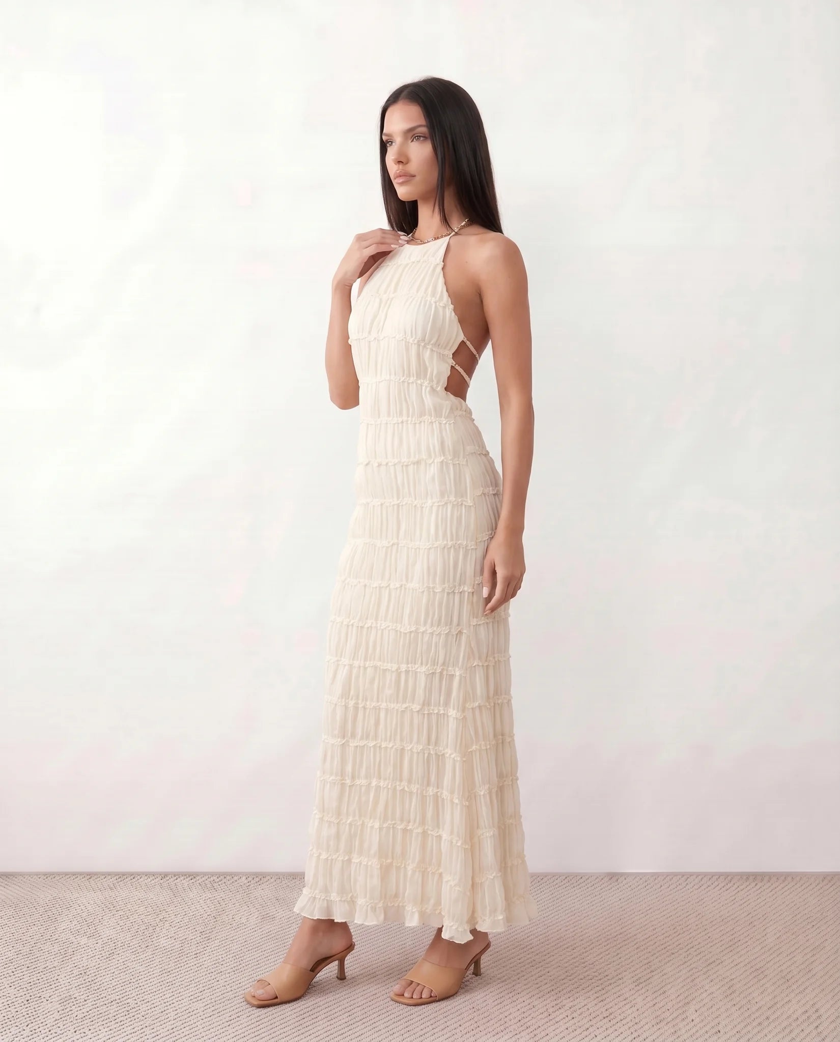 Yara Cocktail Pleated Maxi Dress in Beige — side view