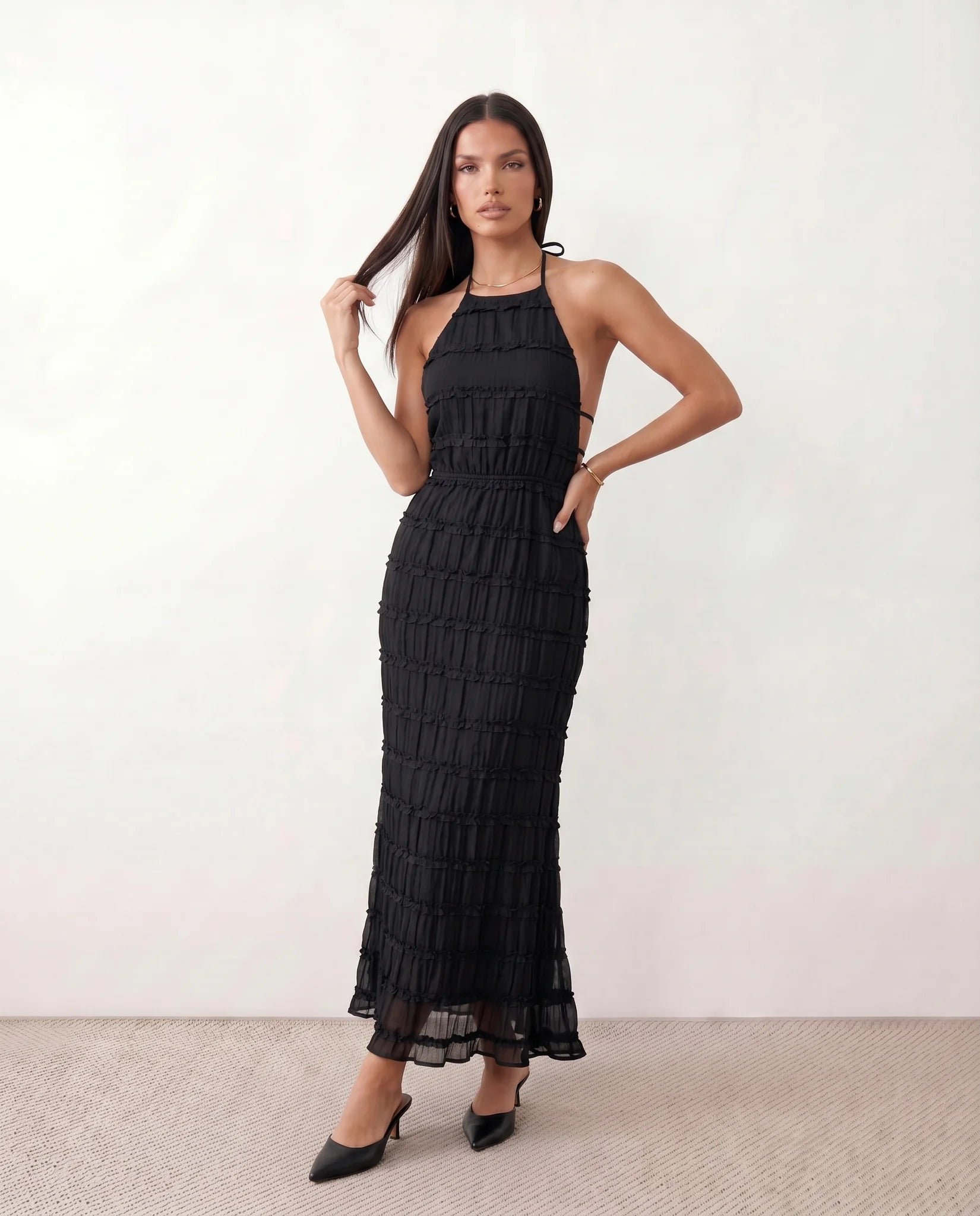 Yara Cocktail Pleated Maxi Dress in Black — front view