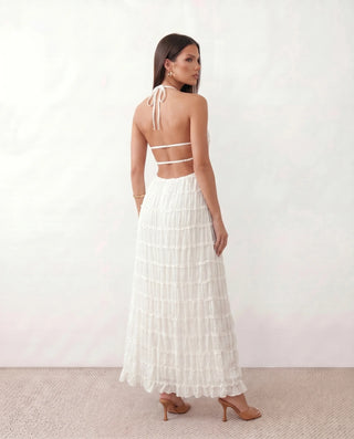 Yara Cocktail Pleated Maxi Dress in White — back view