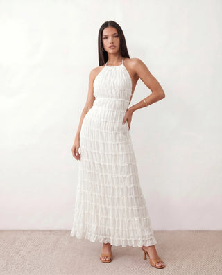 Yara Cocktail Pleated Maxi Dress in White — front view