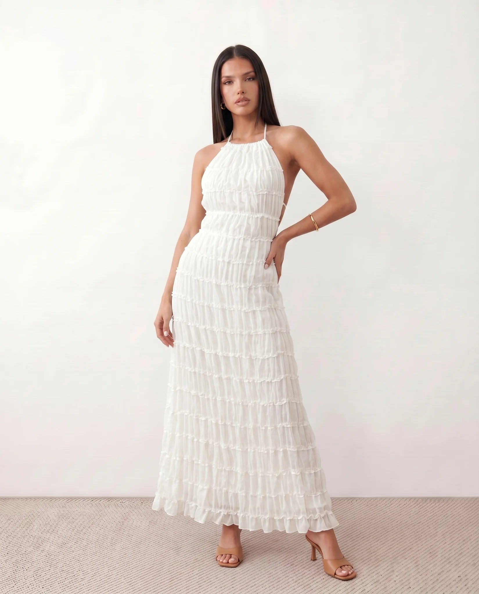 Yara Cocktail Pleated Maxi Dress in White — front view