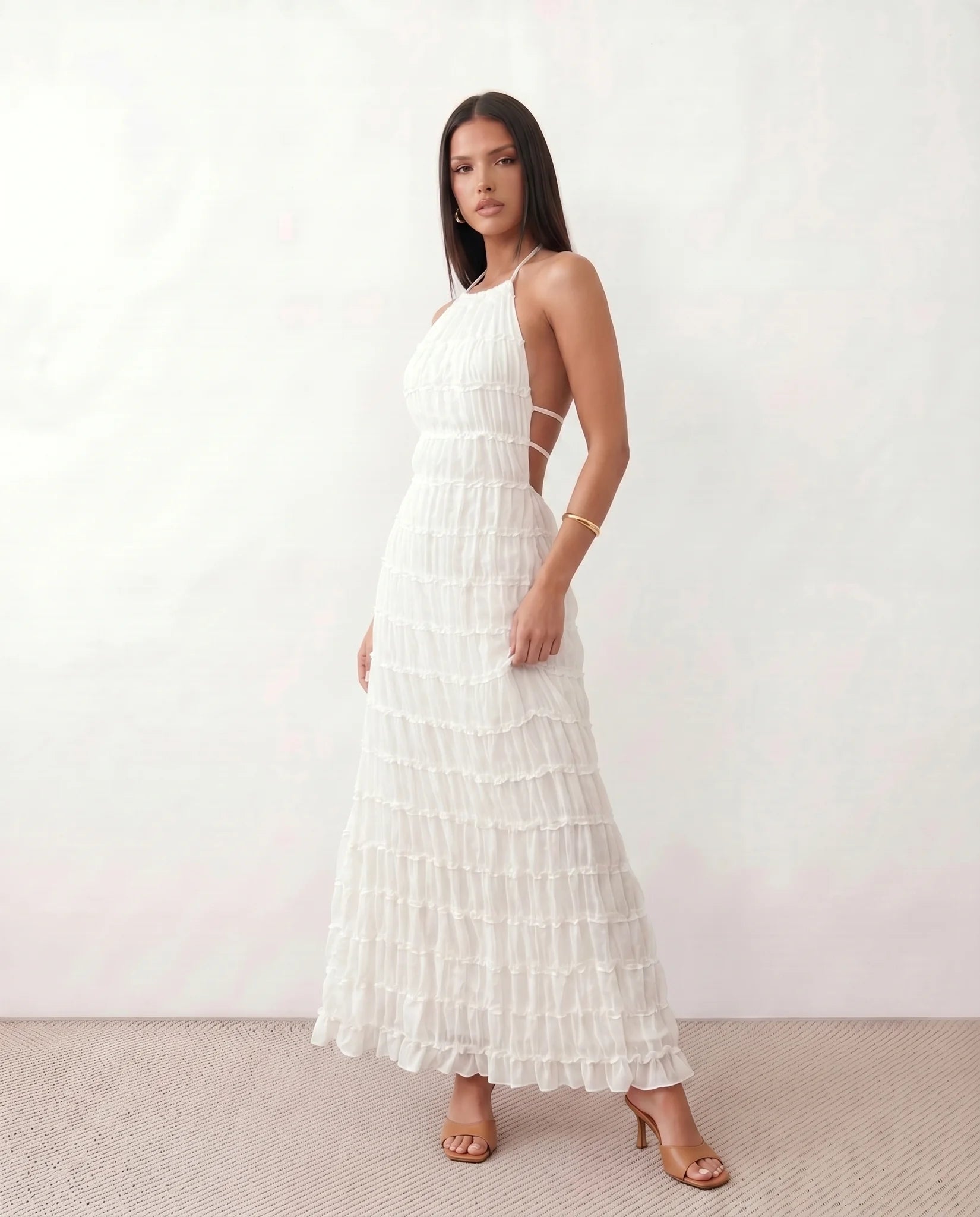 White Pleated Maxi Dress with Halter Backless Fitted Ruffle Detail Tiered Size: S