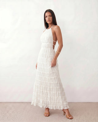Yara Cocktail Pleated Maxi Dress in White — side view