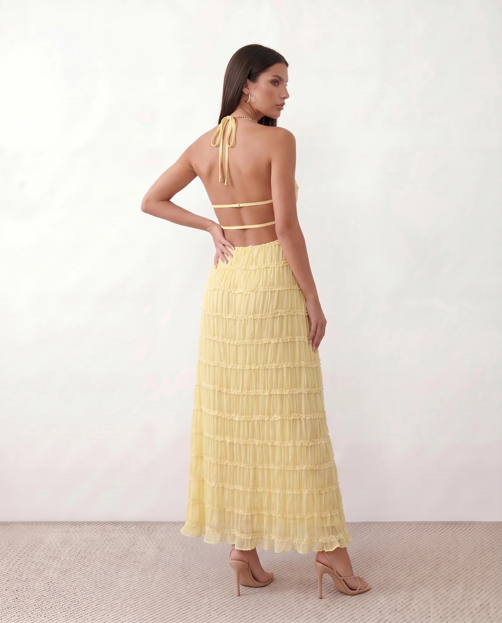 Yara Cocktail Pleated Maxi Dress in Yellow — back view