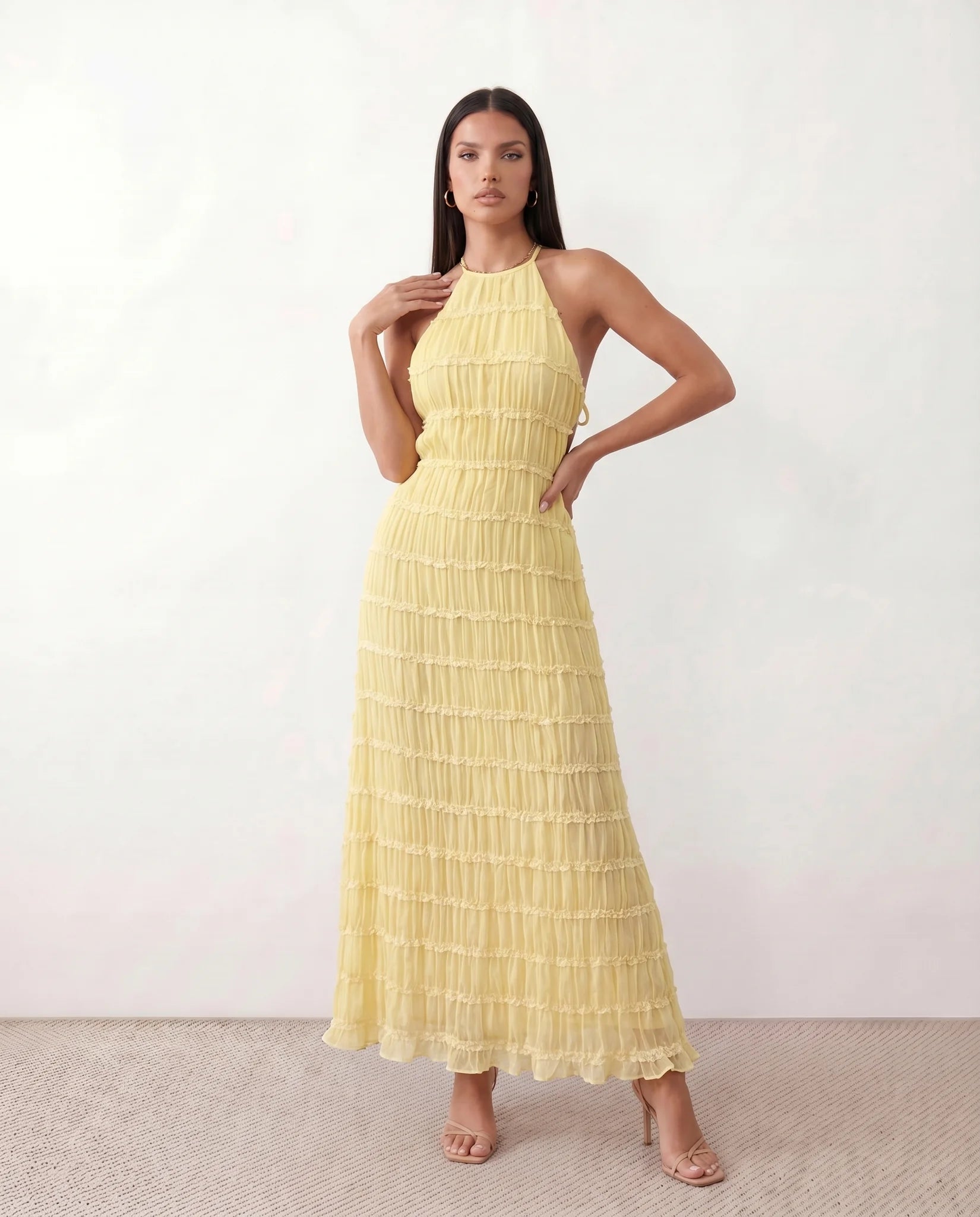 Yara Cocktail Pleated Maxi Dress in Yellow — front view