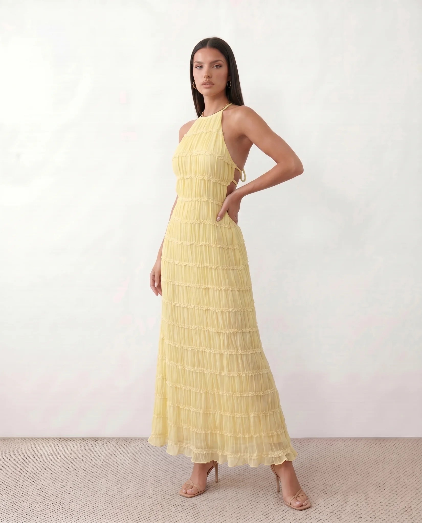 Yara Cocktail Pleated Maxi Dress in Yellow — side view