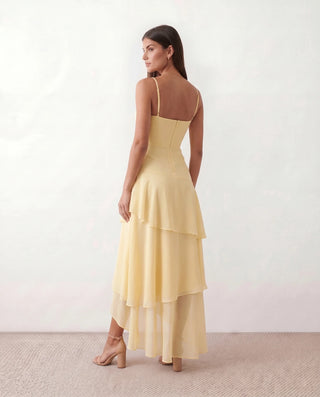 Elsie Wedding Guest Spaghetti Strap Maxi Dress in Yellow — back view