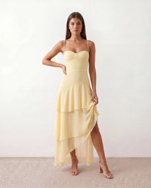 Elsie Wedding Guest Spaghetti Strap Maxi Dress in Yellow — front view