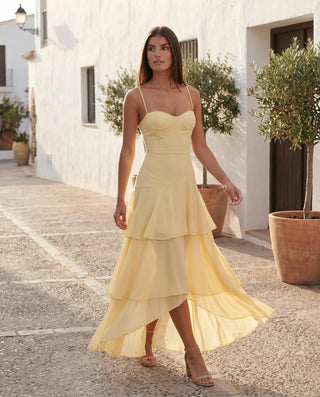 Elsie Wedding Guest Spaghetti Strap Maxi Dress in Yellow — lifestyle movement view