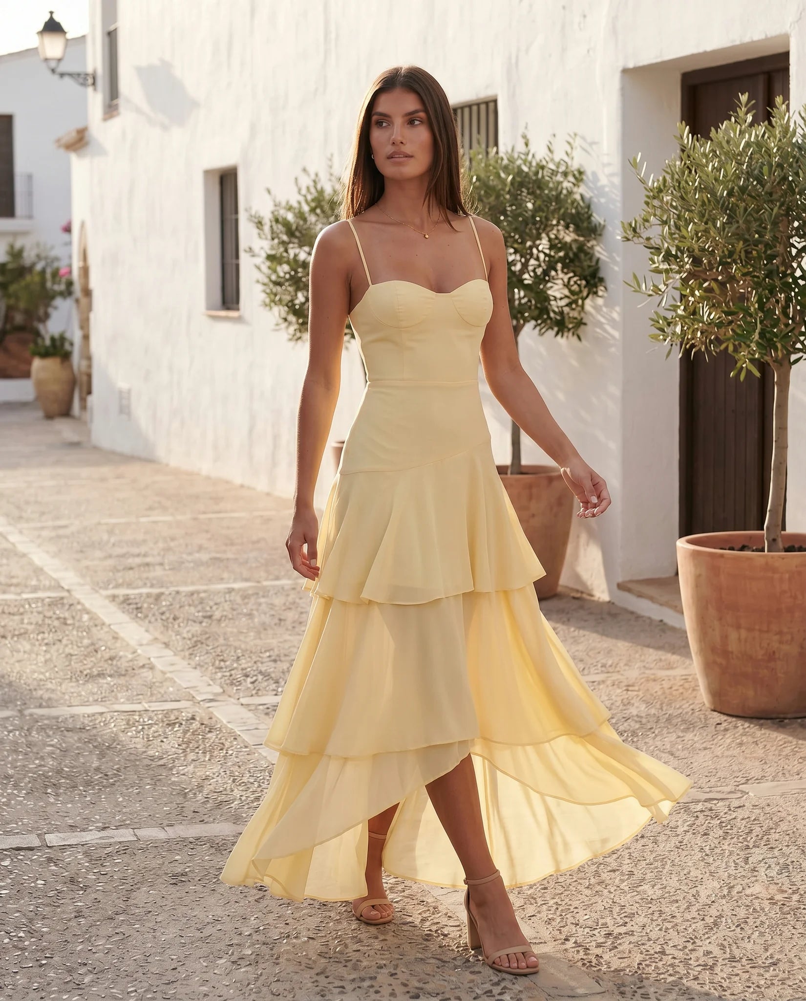 Elsie Wedding Guest Spaghetti Strap Maxi Dress in Yellow — lifestyle movement view