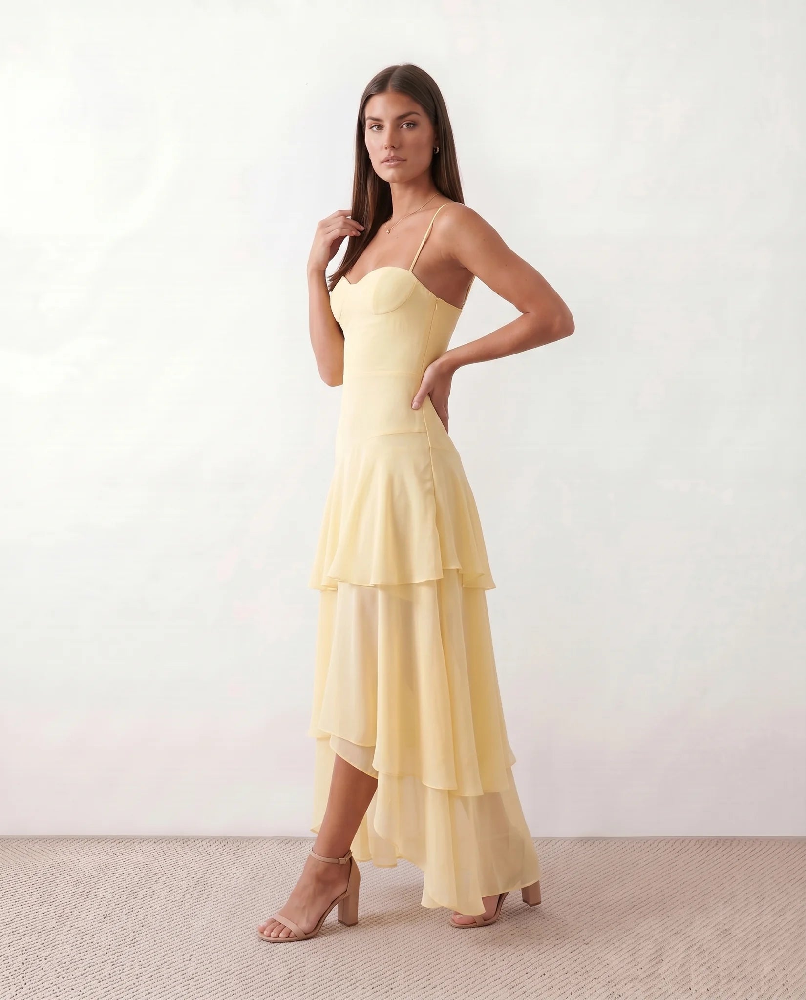 Elsie Wedding Guest Spaghetti Strap Maxi Dress in Yellow — side view