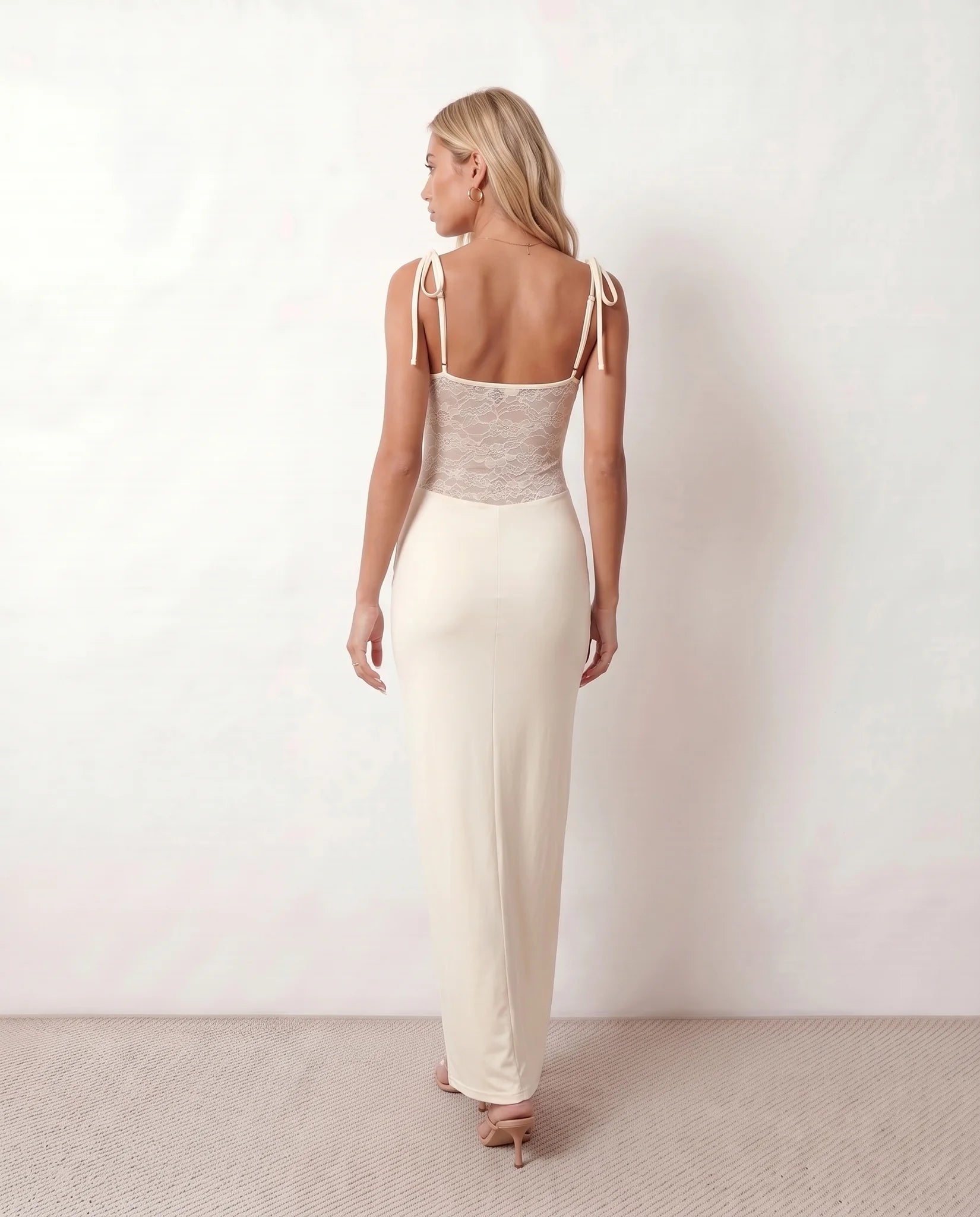 Faye Cocktail Lace Maxi Dress in Beige — back view