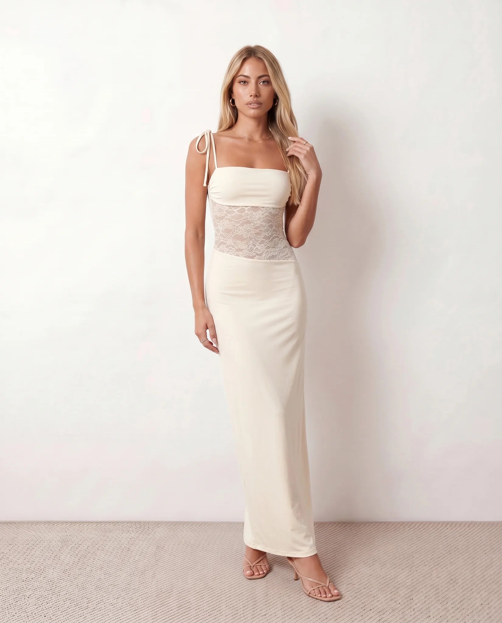 Faye Cocktail Lace Maxi Dress in Beige — front view