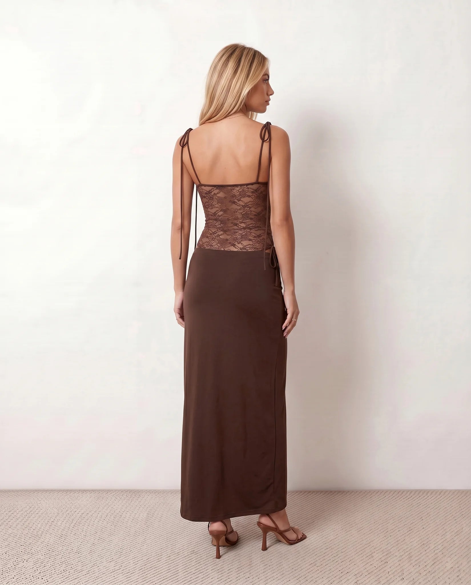 Faye Cocktail Lace Maxi Dress in Brown — back view