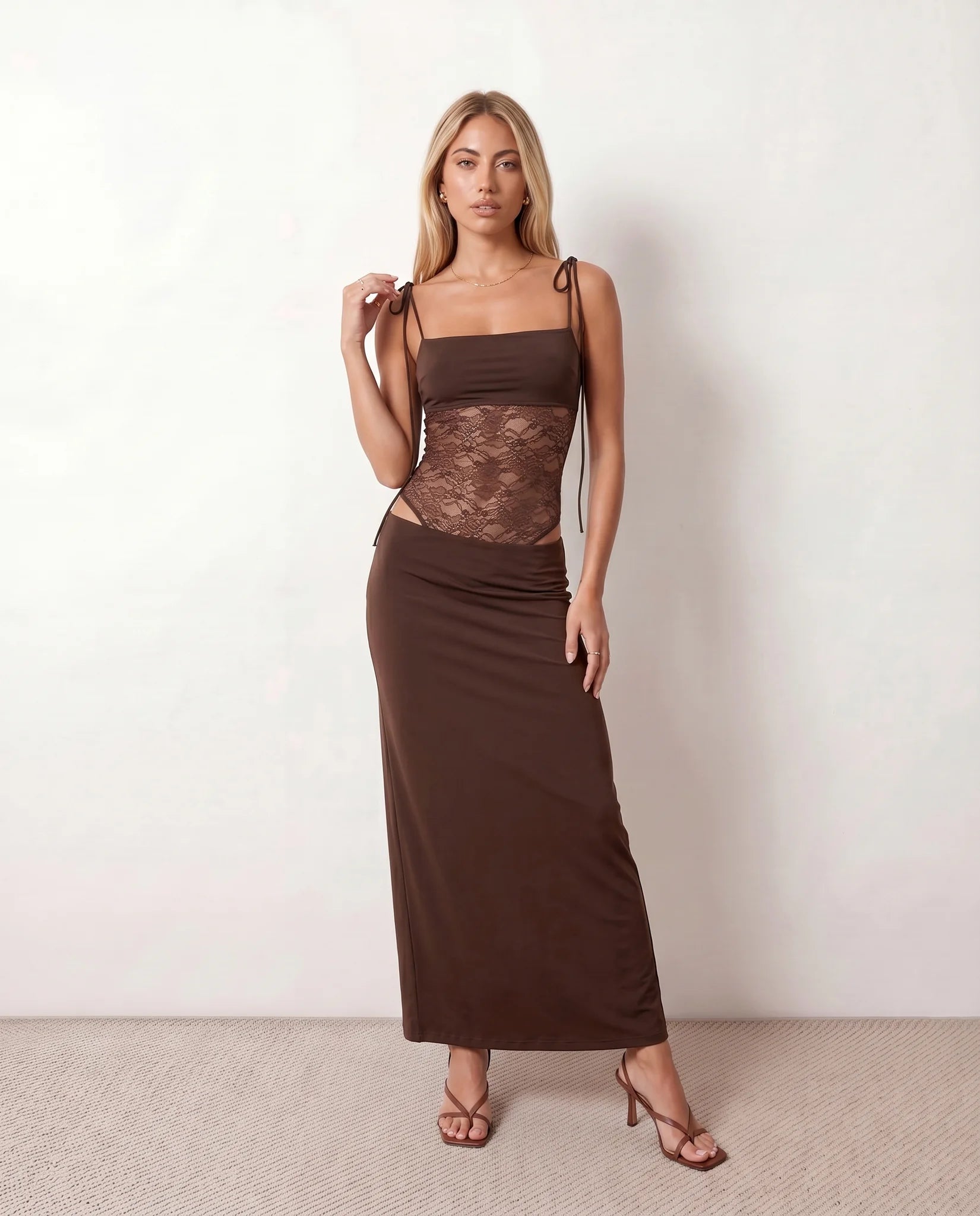 Faye Cocktail Lace Maxi Dress in Brown — front view