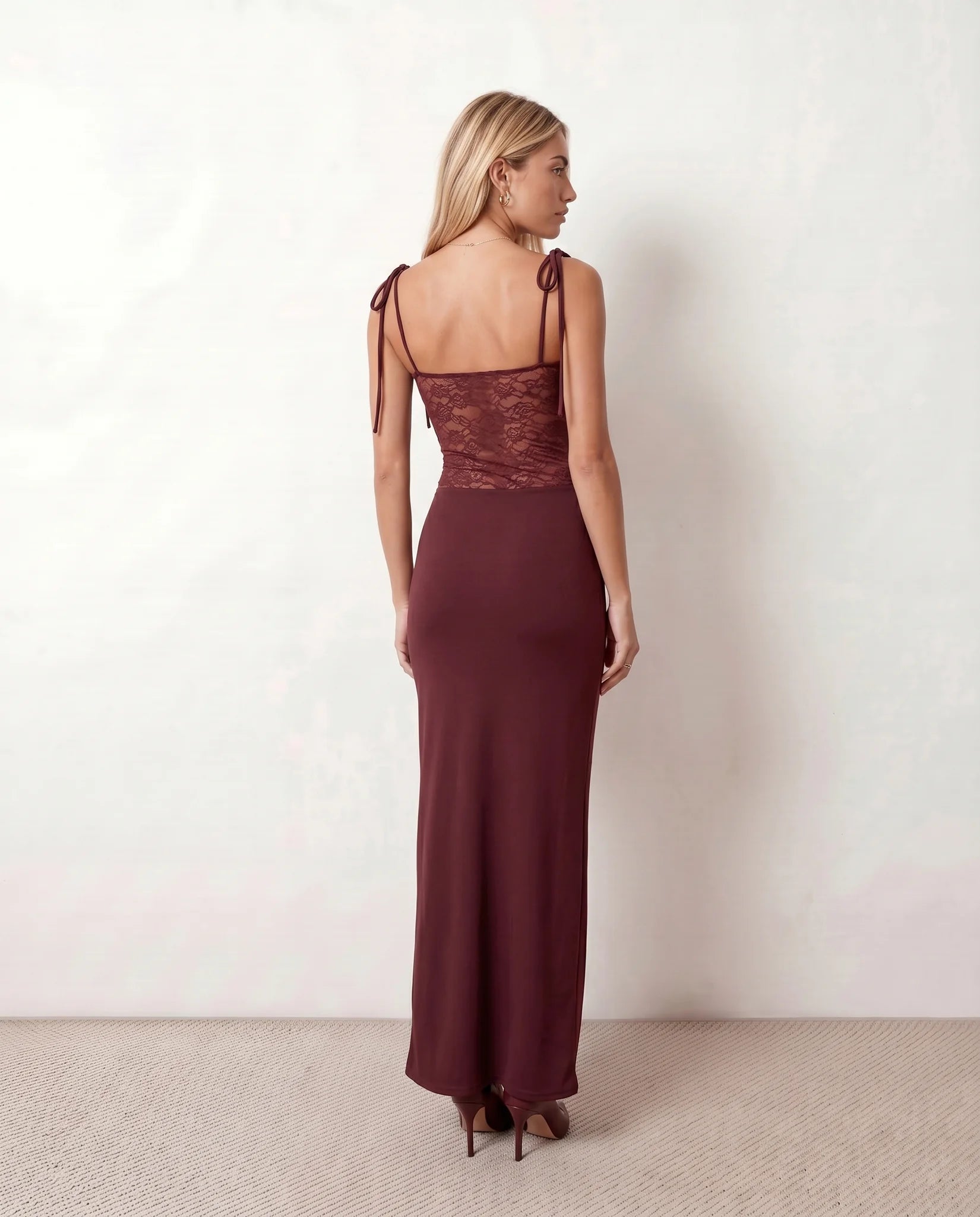 Faye Cocktail Lace Maxi Dress in Burgundy — back view