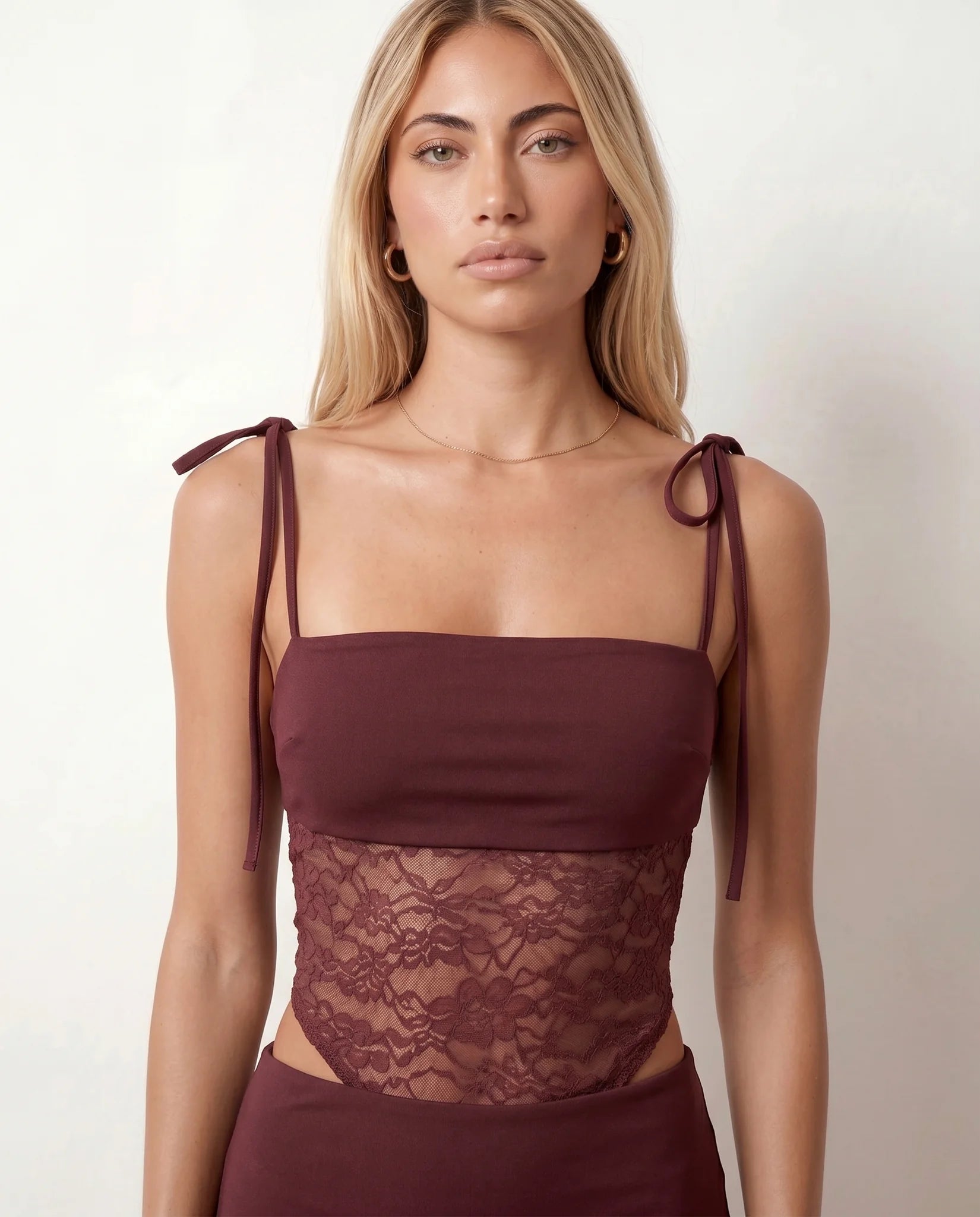 Faye Cocktail Lace Maxi Dress in Burgundy — detail close-up