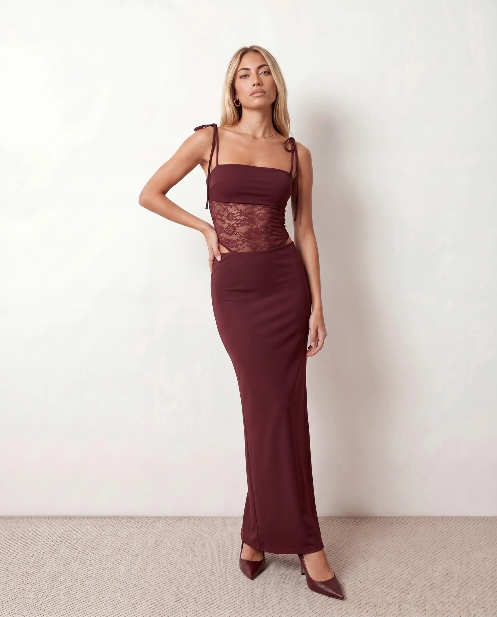 Faye Cocktail Lace Maxi Dress in Burgundy — front view