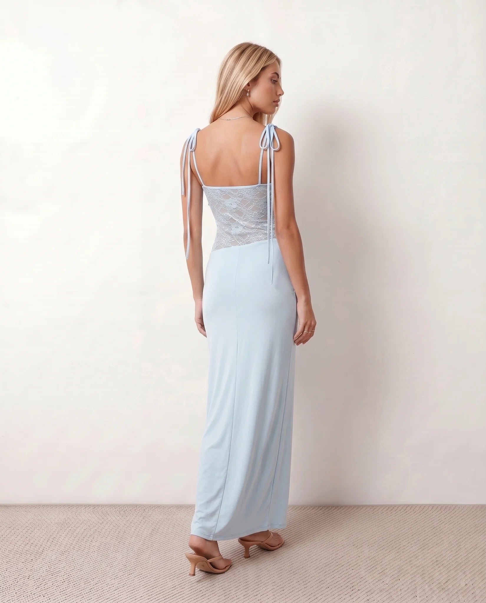 Faye Cocktail Lace Maxi Dress in Light Blue — back view