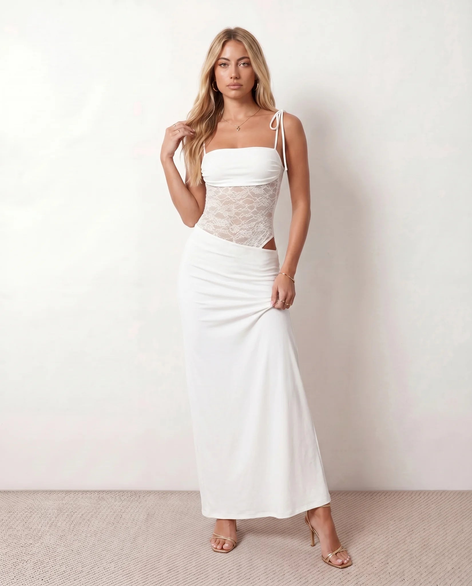 Faye Cocktail Lace Maxi Dress in White — front view
