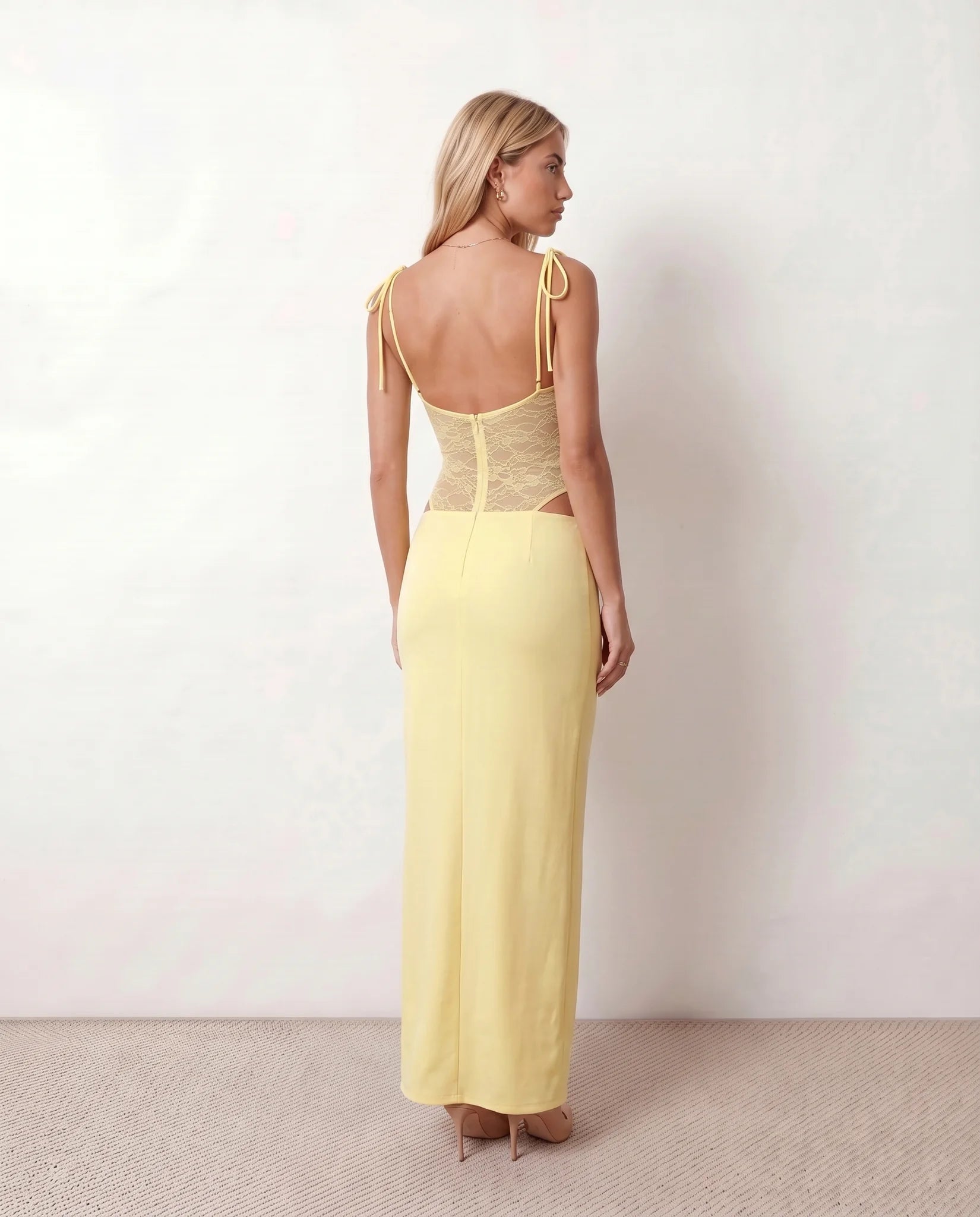 Faye Cocktail Lace Maxi Dress in Yellow — back view