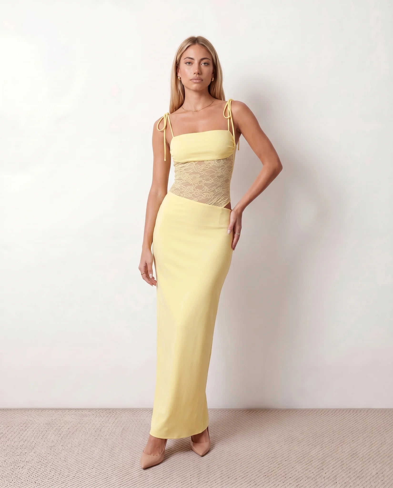Faye Cocktail Lace Maxi Dress in Yellow — front view