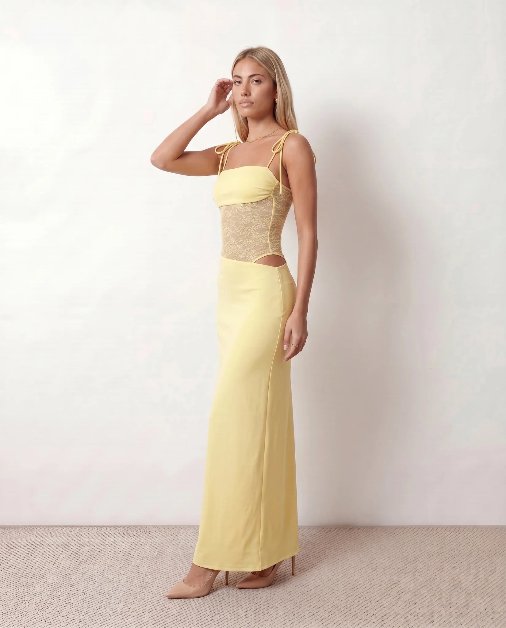 Faye Cocktail Lace Maxi Dress in Yellow — side view
