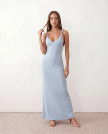 Liora Wedding Guest Ribbed Maxi Dress in Light Blue — front view