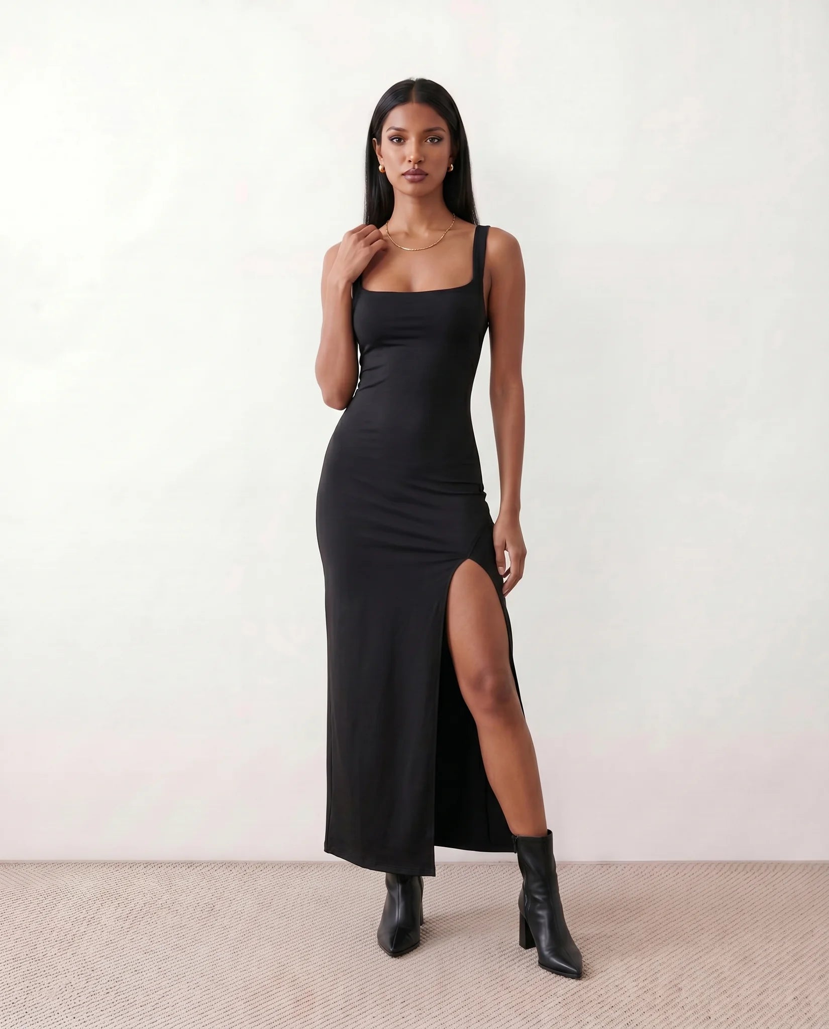 Skye Cocktail Square Neck Maxi Dress in Black — front view