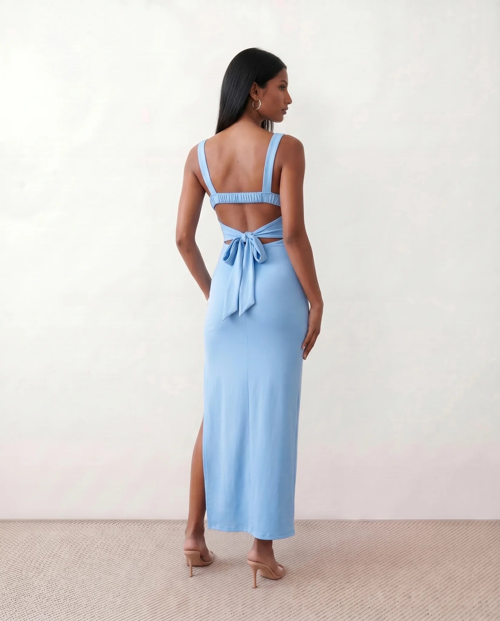 Skye Cocktail Square Neck Maxi Dress in Light Blue — back view