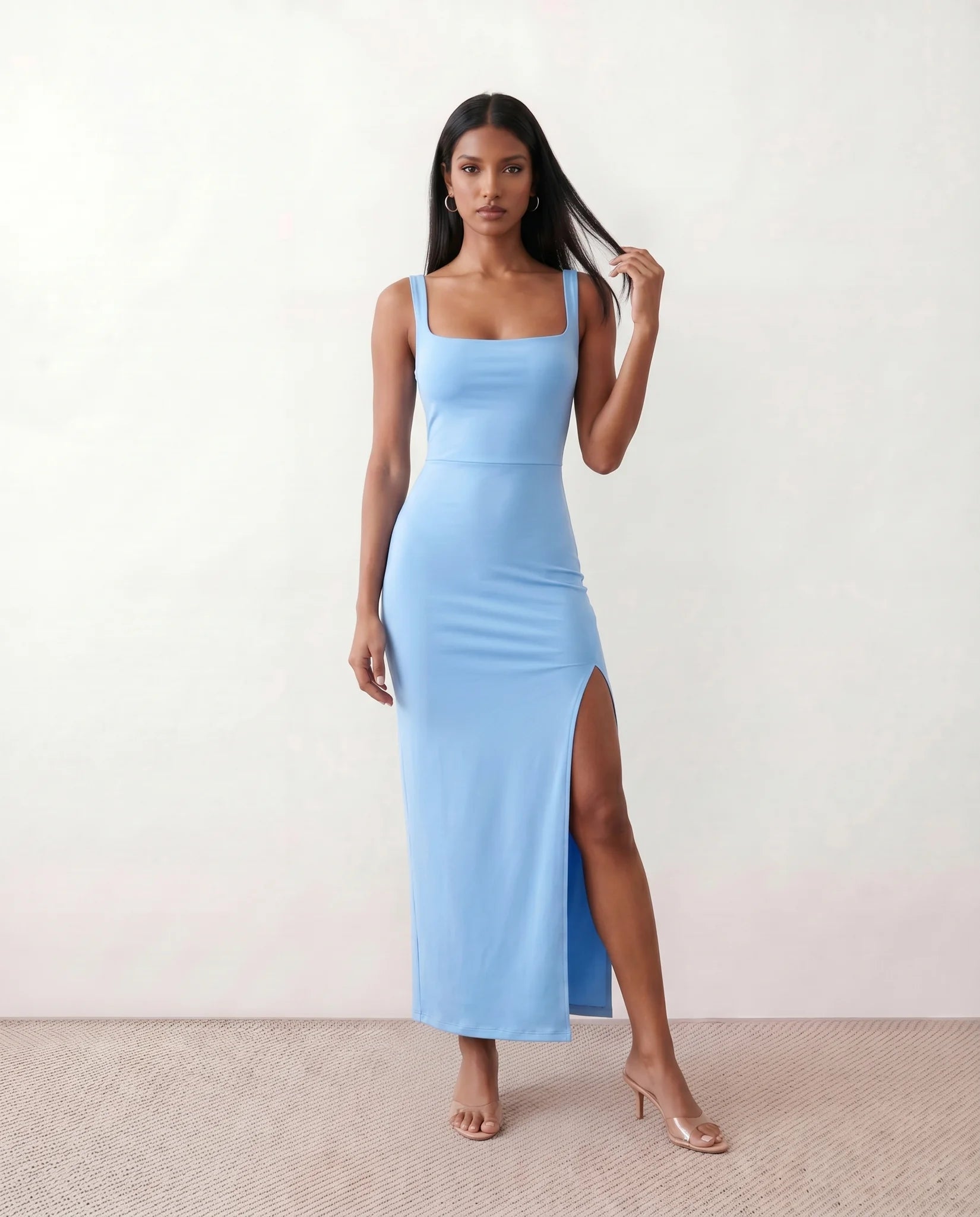 Skye Cocktail Square Neck Maxi Dress in Light Blue — front view