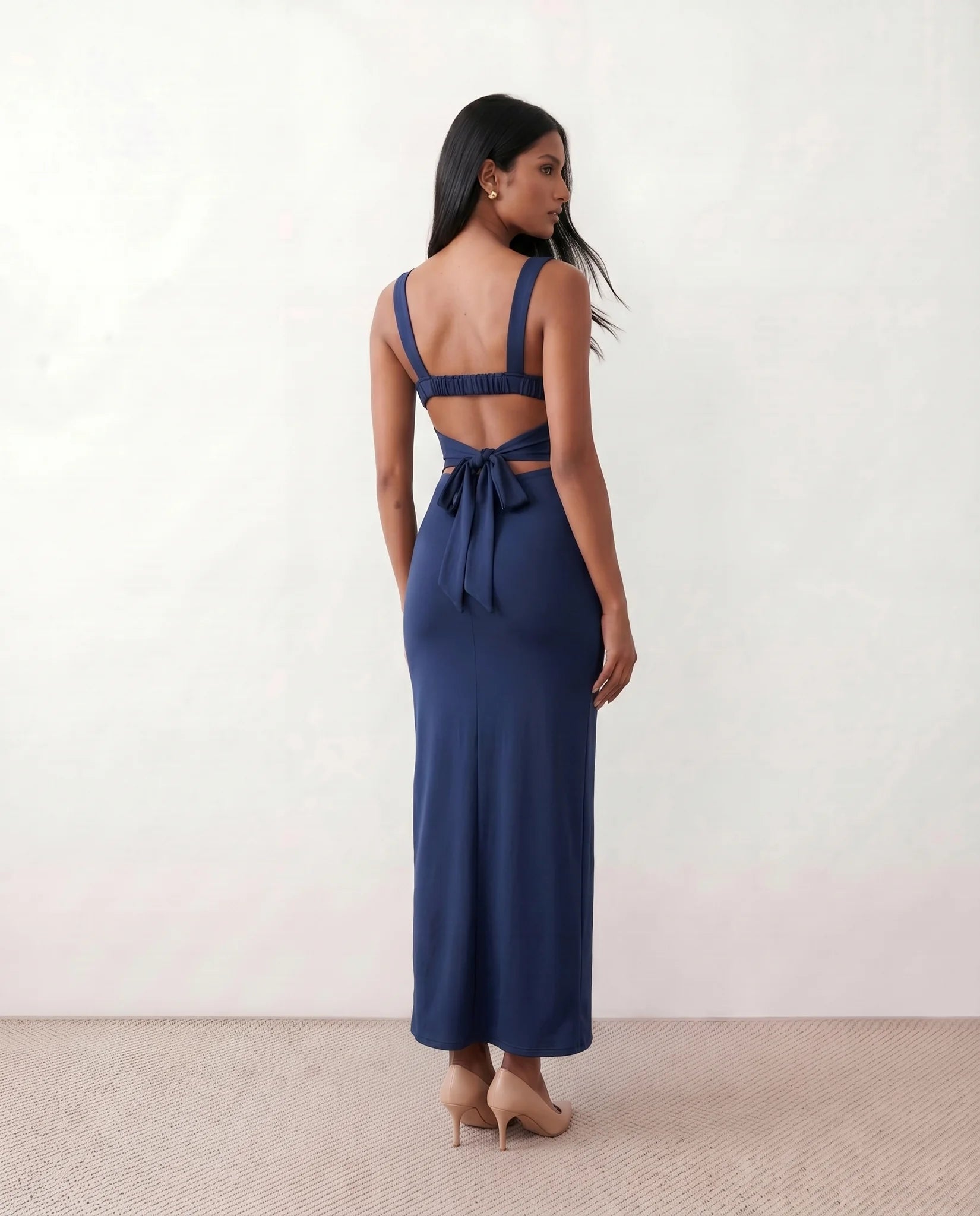 Skye Cocktail Square Neck Maxi Dress in Navy — back view