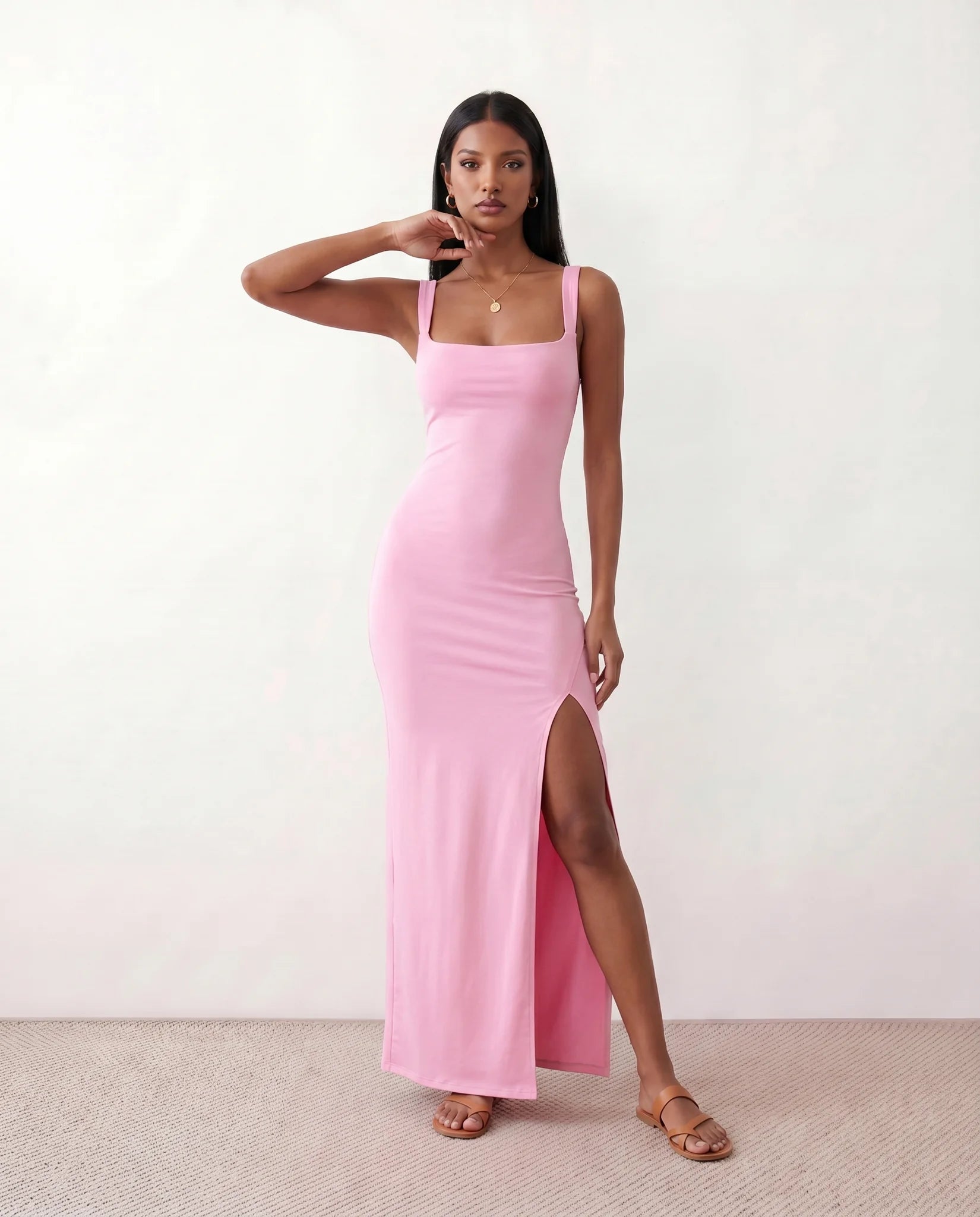 Skye Cocktail Square Neck Maxi Dress in Pink — front view