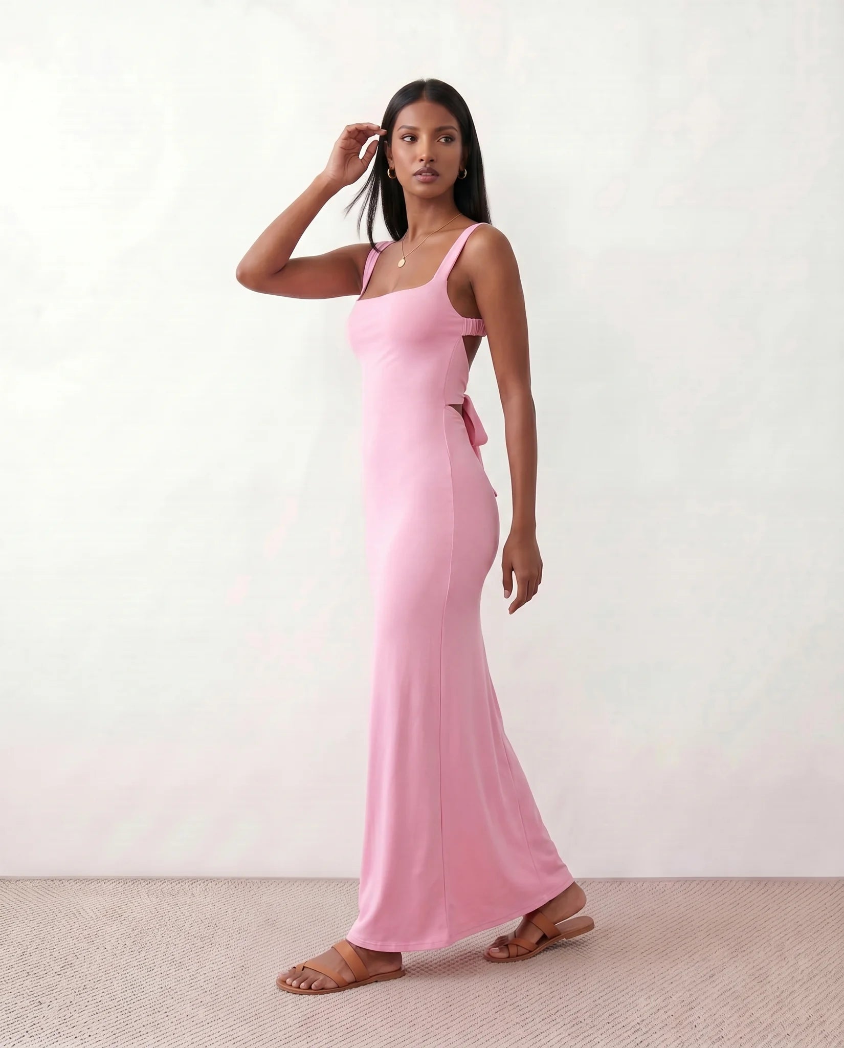 Skye Cocktail Square Neck Maxi Dress in Pink — side view