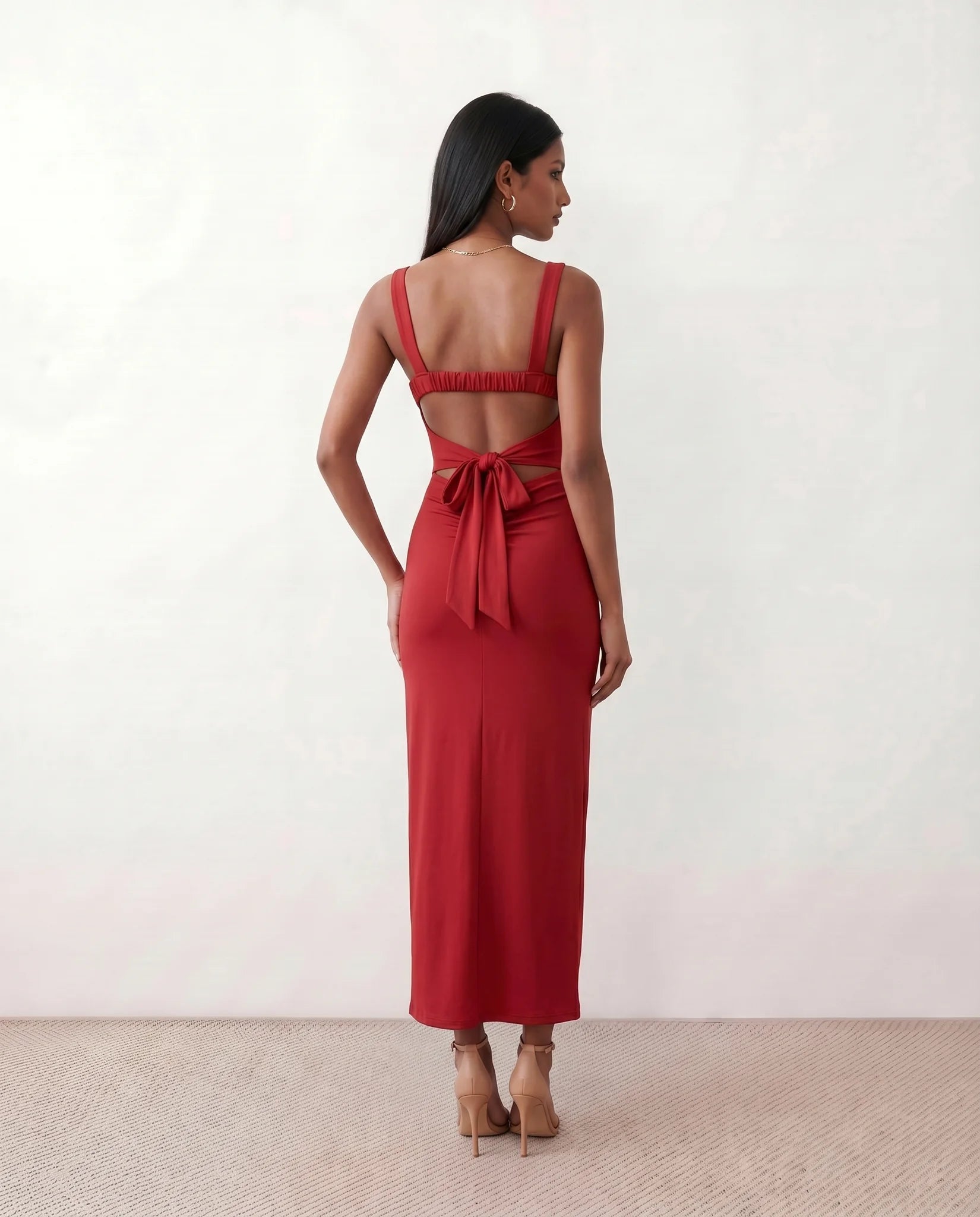 Skye Cocktail Square Neck Maxi Dress in Red — back view