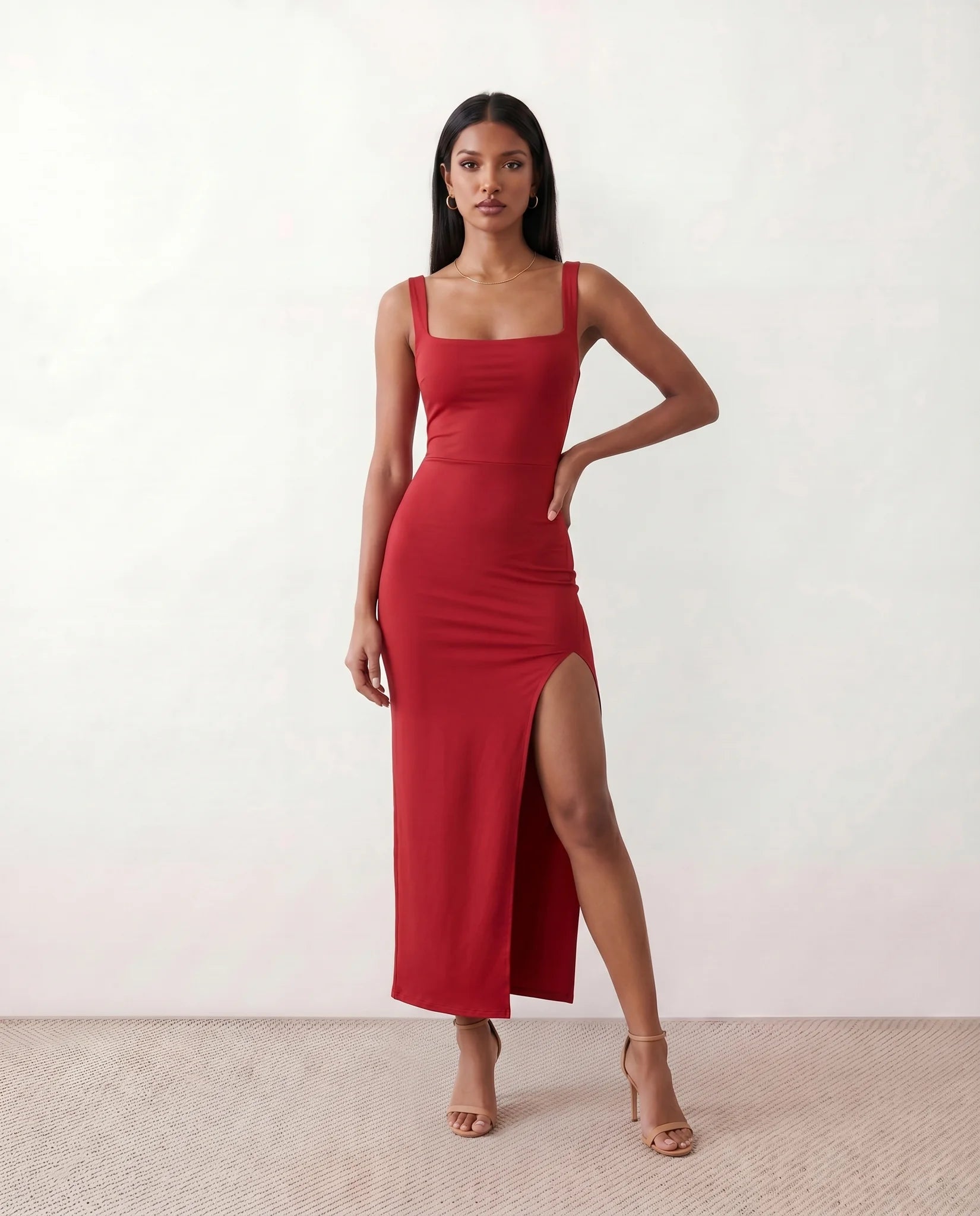 Skye Cocktail Square Neck Maxi Dress in Red — front view
