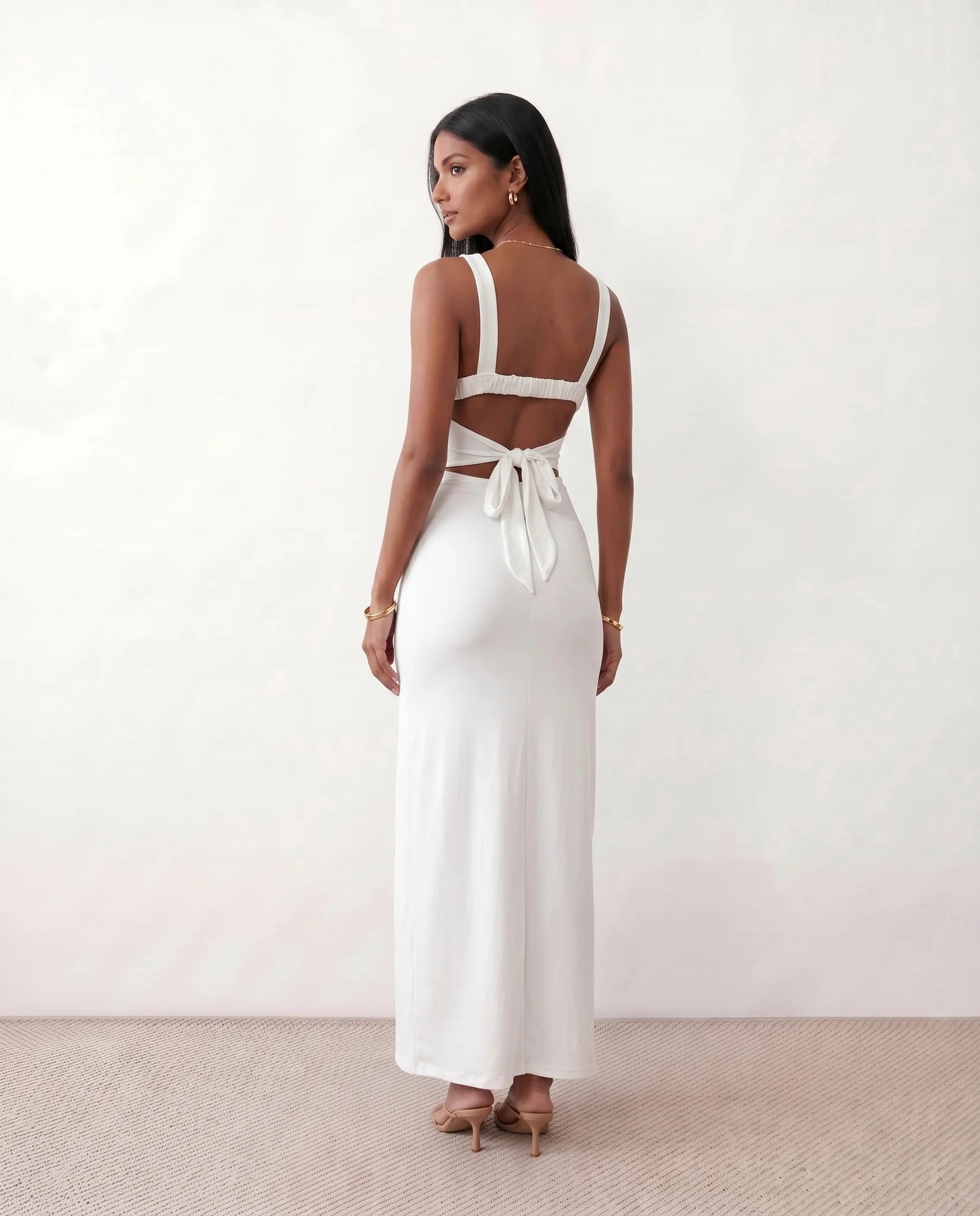 Skye Cocktail Square Neck Maxi Dress in White — back view