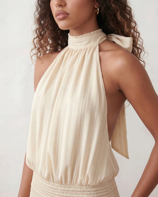 Bella Cocktail Glossy Mini Dress in Beige — detail close-up