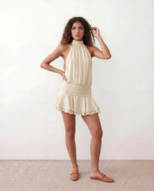 Bella Cocktail Glossy Mini Dress in Beige — front view