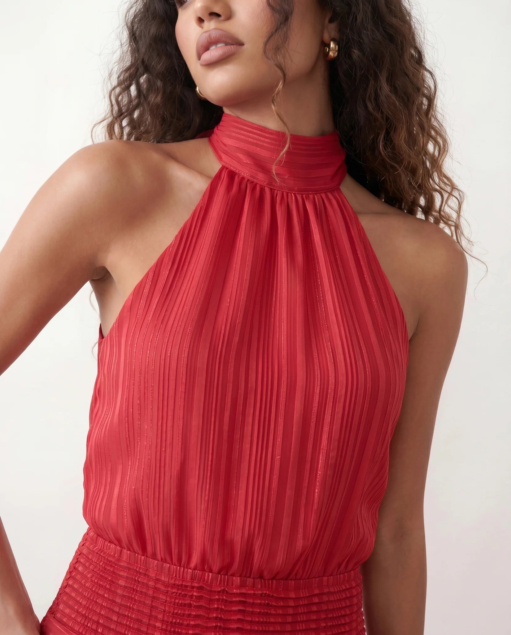Bella Cocktail Glossy Mini Dress in Red — detail close-up