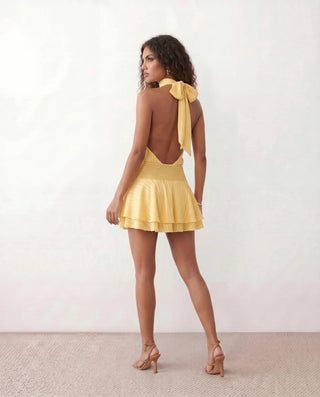 Bella Cocktail Glossy Mini Dress in Yellow — back view