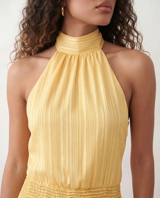 Bella Cocktail Glossy Mini Dress in Yellow — detail close-up