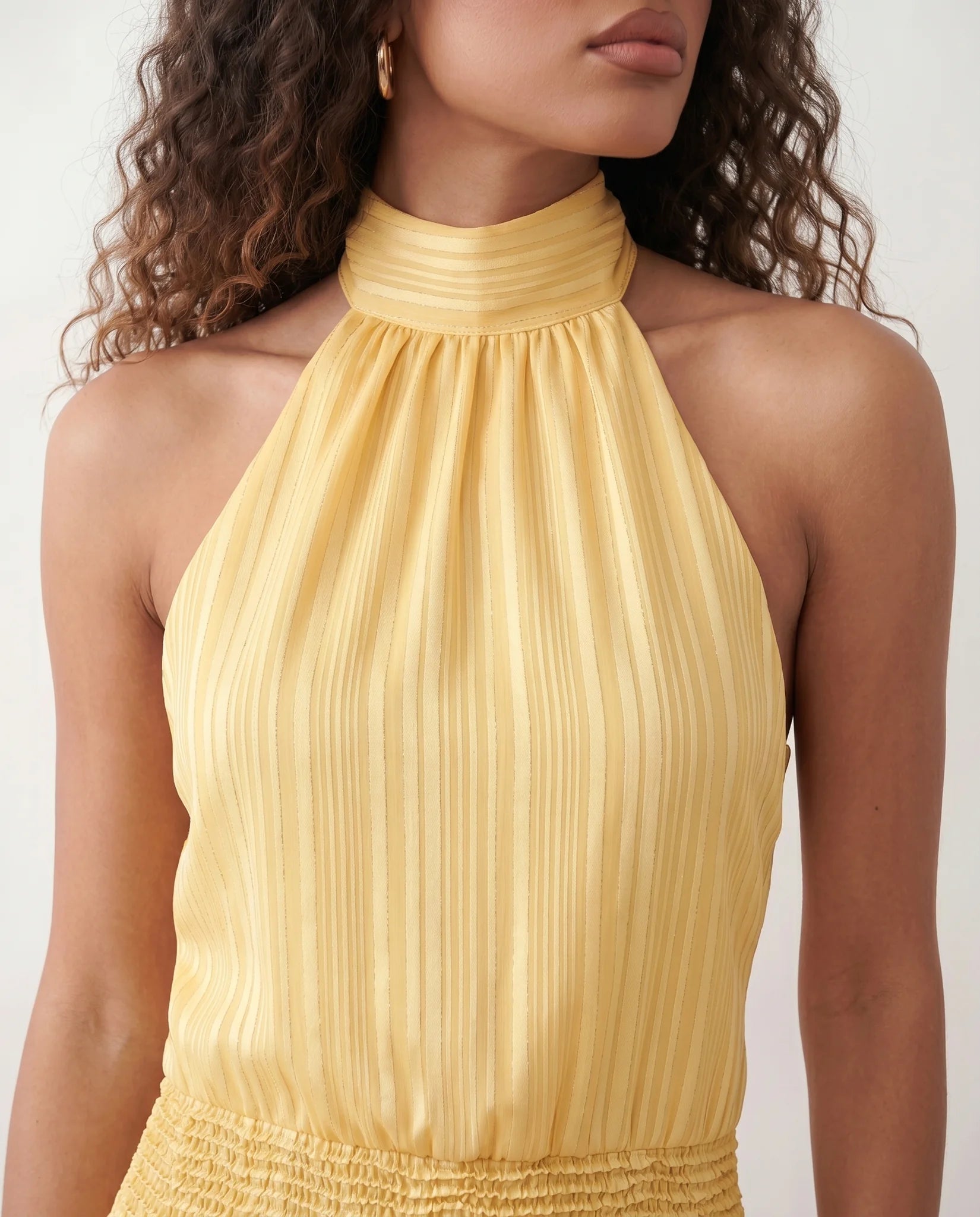 Bella Cocktail Glossy Mini Dress in Yellow — detail close-up