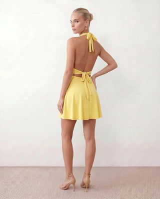 Blair Party Halter Mini Dress in Yellow — back view